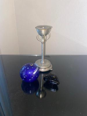 Signed Art Glass Paper Weights and Vintage Candle Stick Holder!