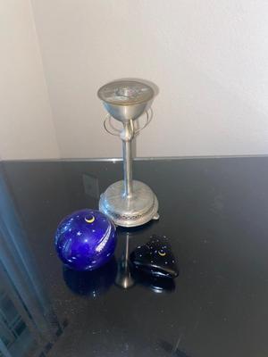 Signed Art Glass Paper Weights and Vintage Candle Stick Holder!