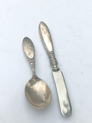 Sterling child's spoon with matching knife stainless blade initialed SDB