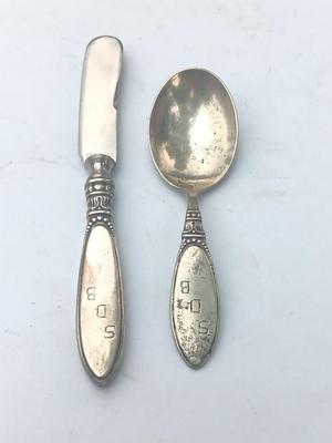 Sterling child's spoon with matching knife stainless blade initialed SDB