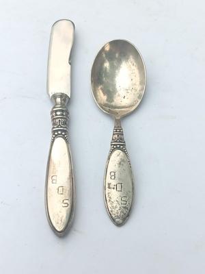 Sterling child's spoon with matching knife stainless blade initialed SDB