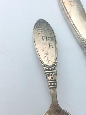 Sterling child's spoon with matching knife stainless blade initialed SDB