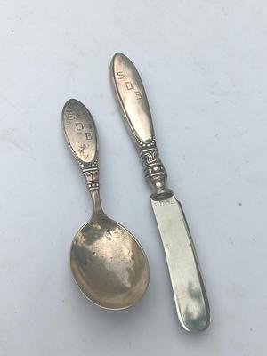 Sterling child's spoon with matching knife stainless blade initialed SDB