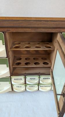 Antique Dutch Wood and Ceramic Spice Cabinet