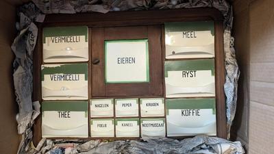 Antique Dutch Wood and Ceramic Spice Cabinet