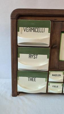 Antique Dutch Wood and Ceramic Spice Cabinet