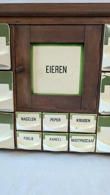 Antique Dutch Wood and Ceramic Spice Cabinet