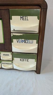 Antique Dutch Wood and Ceramic Spice Cabinet