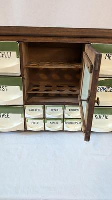 Antique Dutch Wood and Ceramic Spice Cabinet