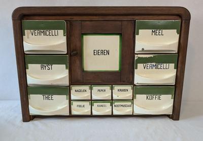 Antique Dutch Wood and Ceramic Spice Cabinet