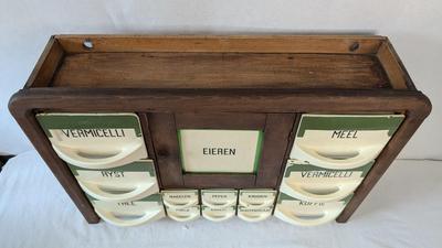 Antique Dutch Wood and Ceramic Spice Cabinet