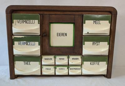 Antique Dutch Wood and Ceramic Spice Cabinet