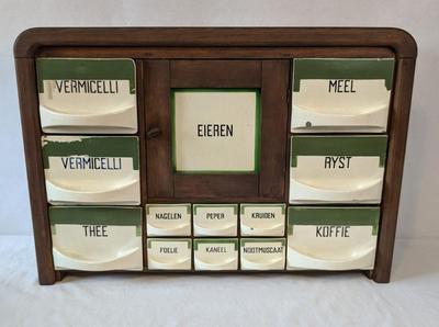 Antique Dutch Wood and Ceramic Spice Cabinet