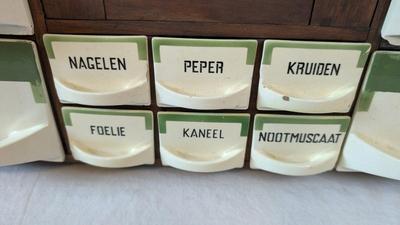 Antique Dutch Wood and Ceramic Spice Cabinet