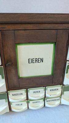 Antique Dutch Wood and Ceramic Spice Cabinet