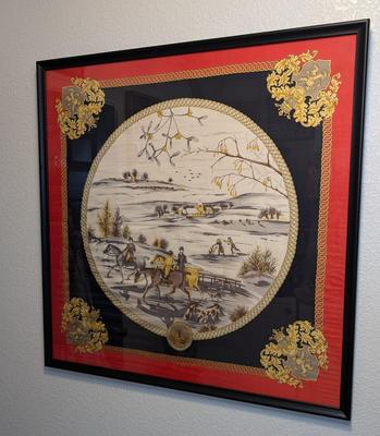 Framed Hermes Style Equestrian Silk Scarf