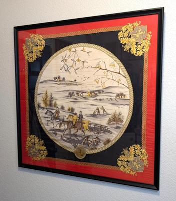 Framed Hermes Style Equestrian Silk Scarf