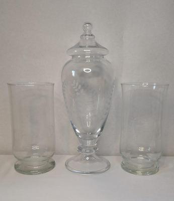 Large Apothecary Jar and Hand Blown Fluted Vases
