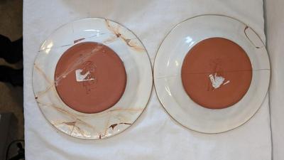 Vintage Mackenzie Childs Ruffled Pedestal Bowl and Plates