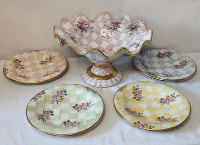Vintage Mackenzie Childs Ruffled Pedestal Bowl and Plates
