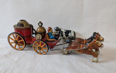 Vintage "Old Smoky" Spark Horse and Carriage Tin Toy