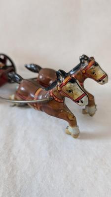 Vintage "Old Smoky" Spark Horse and Carriage Tin Toy