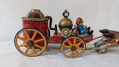 Vintage "Old Smoky" Spark Horse and Carriage Tin Toy