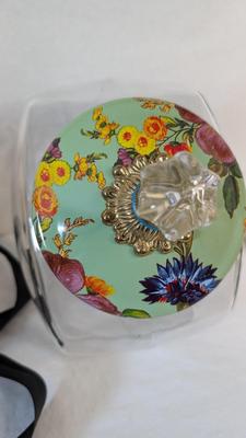 Mackenzie Childs Enamel Lidded Biscuit Jar and Clock