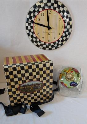 Mackenzie Childs Enamel Lidded Biscuit Jar and Clock