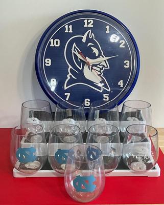 Dukes wall clock and 9 plastic Dukes drinking glasses