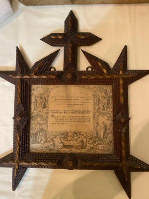 19th Century “Tramp Art” frame with German religious certificate