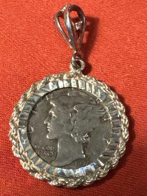 1937 P MERCURY DIME WITH BEZEL BEAUTIFUL