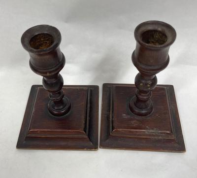 Pair of Country Primitive Distressed Wood Candlestick Holders