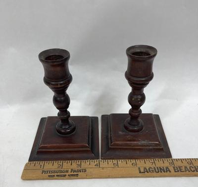 Pair of Country Primitive Distressed Wood Candlestick Holders