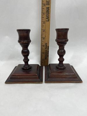 Pair of Country Primitive Distressed Wood Candlestick Holders