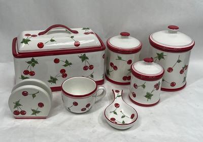 Ceramic Cherry, red & white, Kitchen Canisters, Bread Box, Spoon-rest, Napkin Holder, Mug