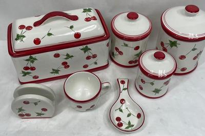 Ceramic Cherry, red & white, Kitchen Canisters, Bread Box, Spoon-rest, Napkin Holder, Mug