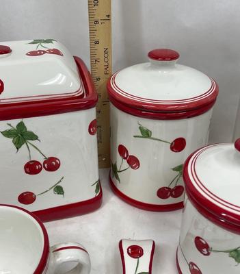 Ceramic Cherry, red & white, Kitchen Canisters, Bread Box, Spoon-rest, Napkin Holder, Mug