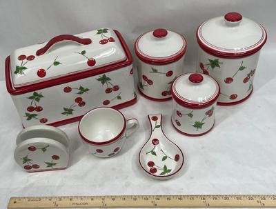 Ceramic Cherry, red & white, Kitchen Canisters, Bread Box, Spoon-rest, Napkin Holder, Mug