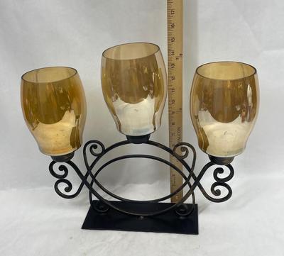Wrought Iron Candle Holder with Amber Glass