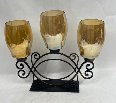 Wrought Iron Candle Holder with Amber Glass