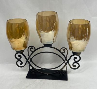 Wrought Iron Candle Holder with Amber Glass
