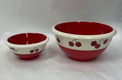 2 Terramoto Ceramic Bowls, Red & White Cherries