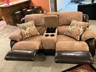 Beautiful faux leather/suede love seat with 2 recliners