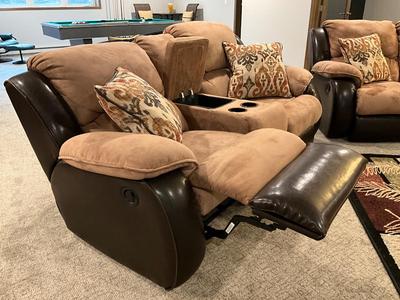 Beautiful faux leather/suede love seat with 2 recliners