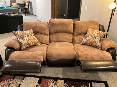 Beautiful faux leather/suede couch with 2 recliners