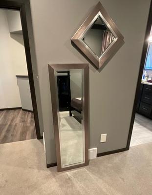 Mirrors, brushed nickel w/purple tint.