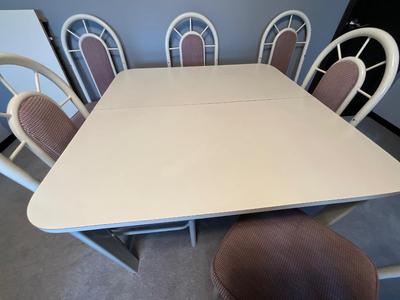 Vintage Wooden table with 6 metal/cloth chairs