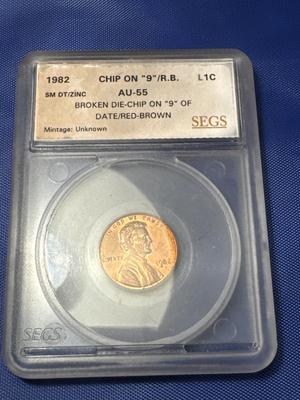 1982 LINCOLN PENNY CHIP ON 9 R B AU55 rare