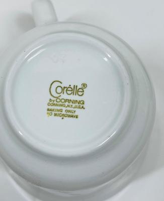 MCM Lot of 4 Corelle Coffee Cups Mugs White with brown "Batik" flower Design